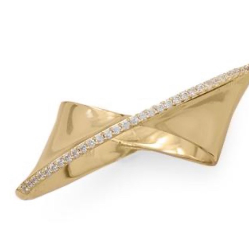 14 Karat Gold Plated Diagonal CZ Ribbon Ring